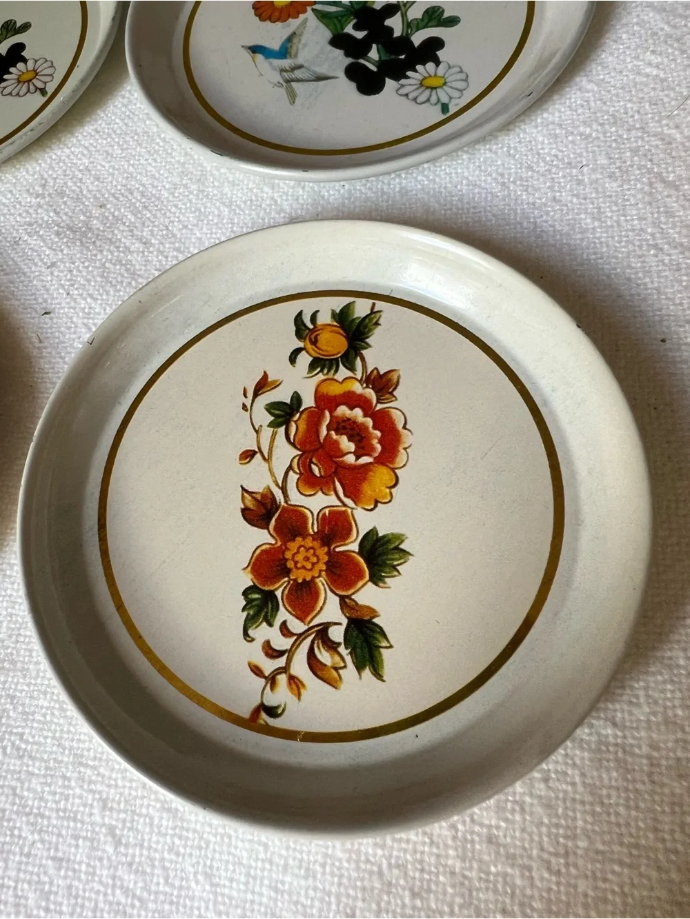 Vintage Floral tin Coasters - White with Orange & Red Floral Design